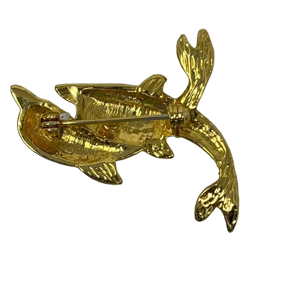 Two Dolphin Brooch Gold Tone Black Enamel Crystal Accents Porpoise‎ Pin